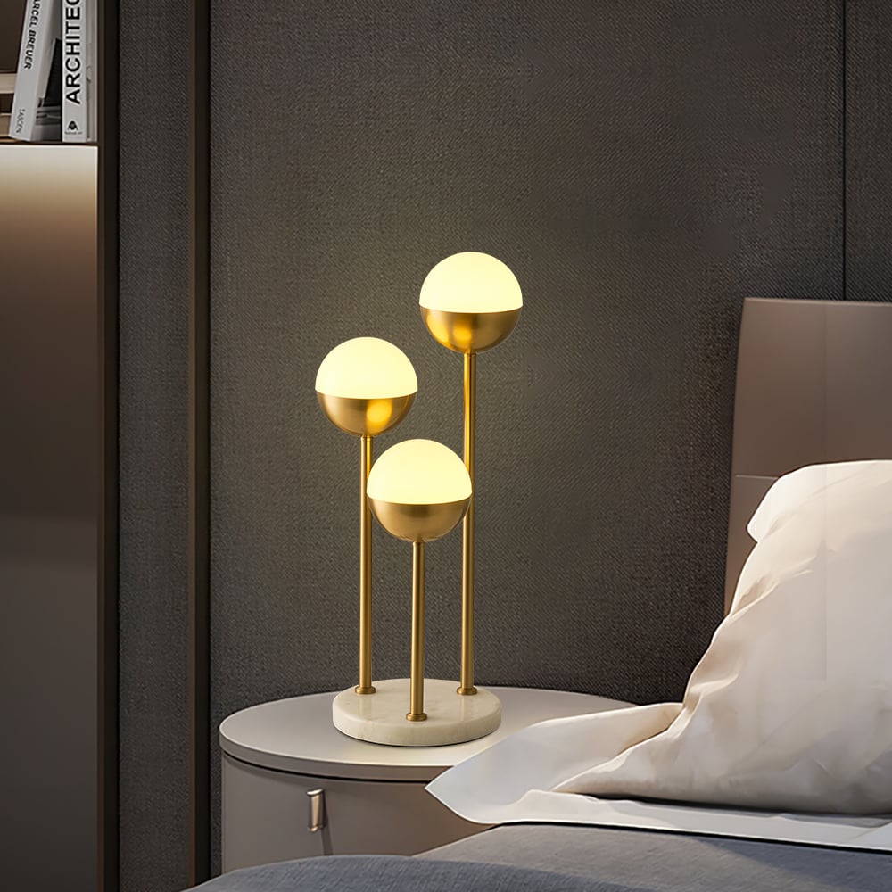 HMR - 3-Light Globe LED Table Lamp Modern Desk Lamp in Gold with White Shade Marble Base