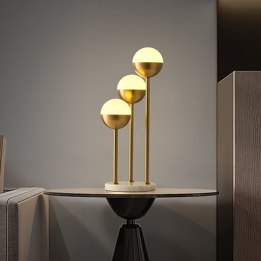 HMR - 3-Light Globe LED Table Lamp Modern Desk Lamp in Gold with White Shade Marble Base