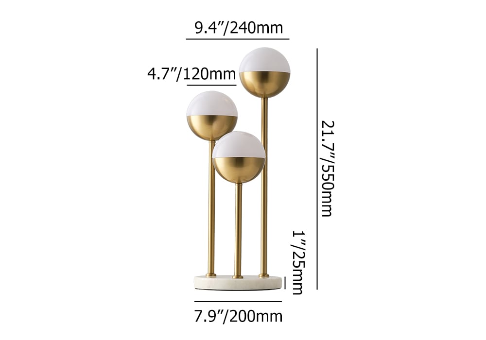 HMR - 3-Light Globe LED Table Lamp Modern Desk Lamp in Gold with White Shade Marble Base