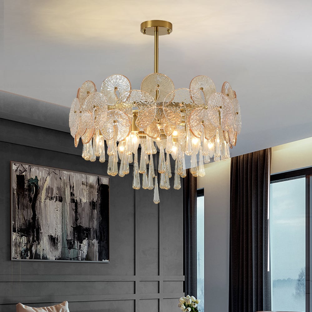 HMR - Glam 9-Light Crystal 5 Tiered Chandelier Gold Pendant Lights for Living Room