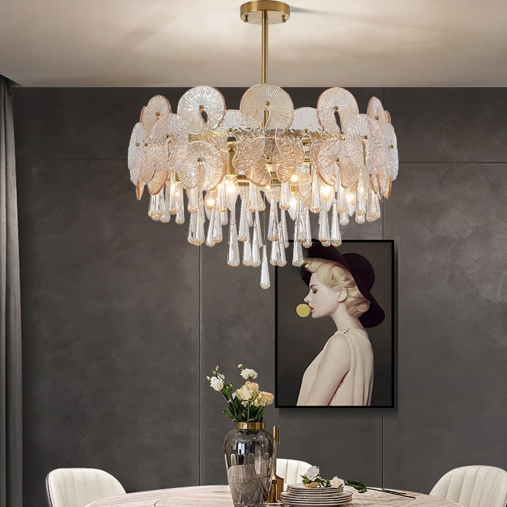 HMR - Glam 9-Light Crystal 5 Tiered Chandelier Gold Pendant Lights for Living Room