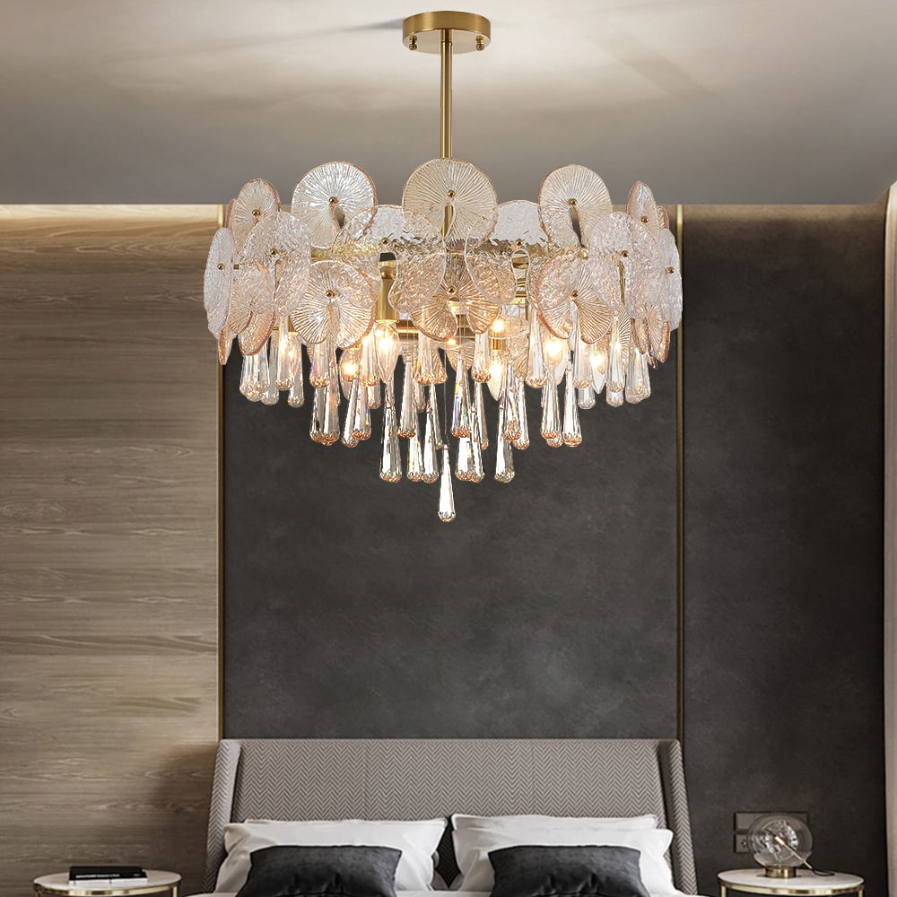 HMR - Glam 9-Light Crystal 5 Tiered Chandelier Gold Pendant Lights for Living Room