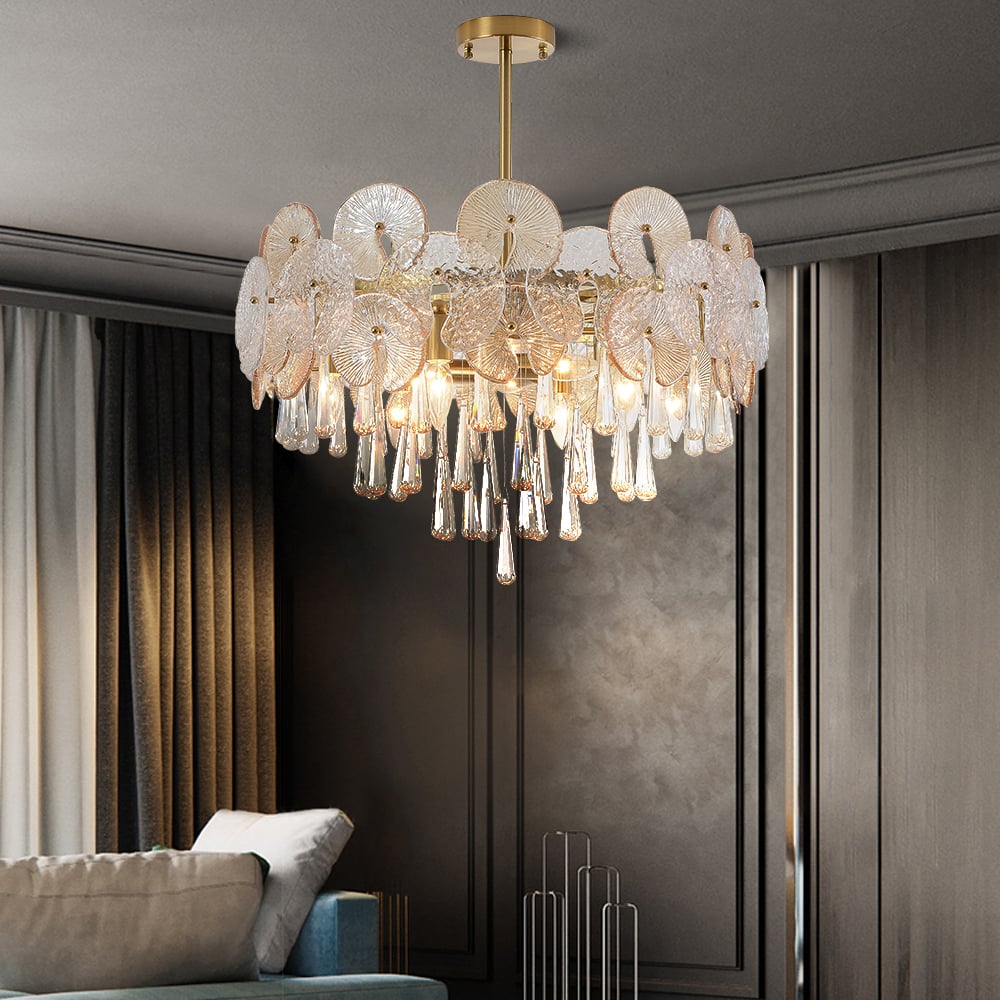 HMR - Glam 9-Light Crystal 5 Tiered Chandelier Gold Pendant Lights for Living Room