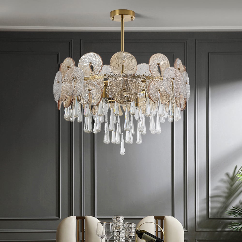 HMR - Glam 9-Light Crystal 5 Tiered Chandelier Gold Pendant Lights for Living Room