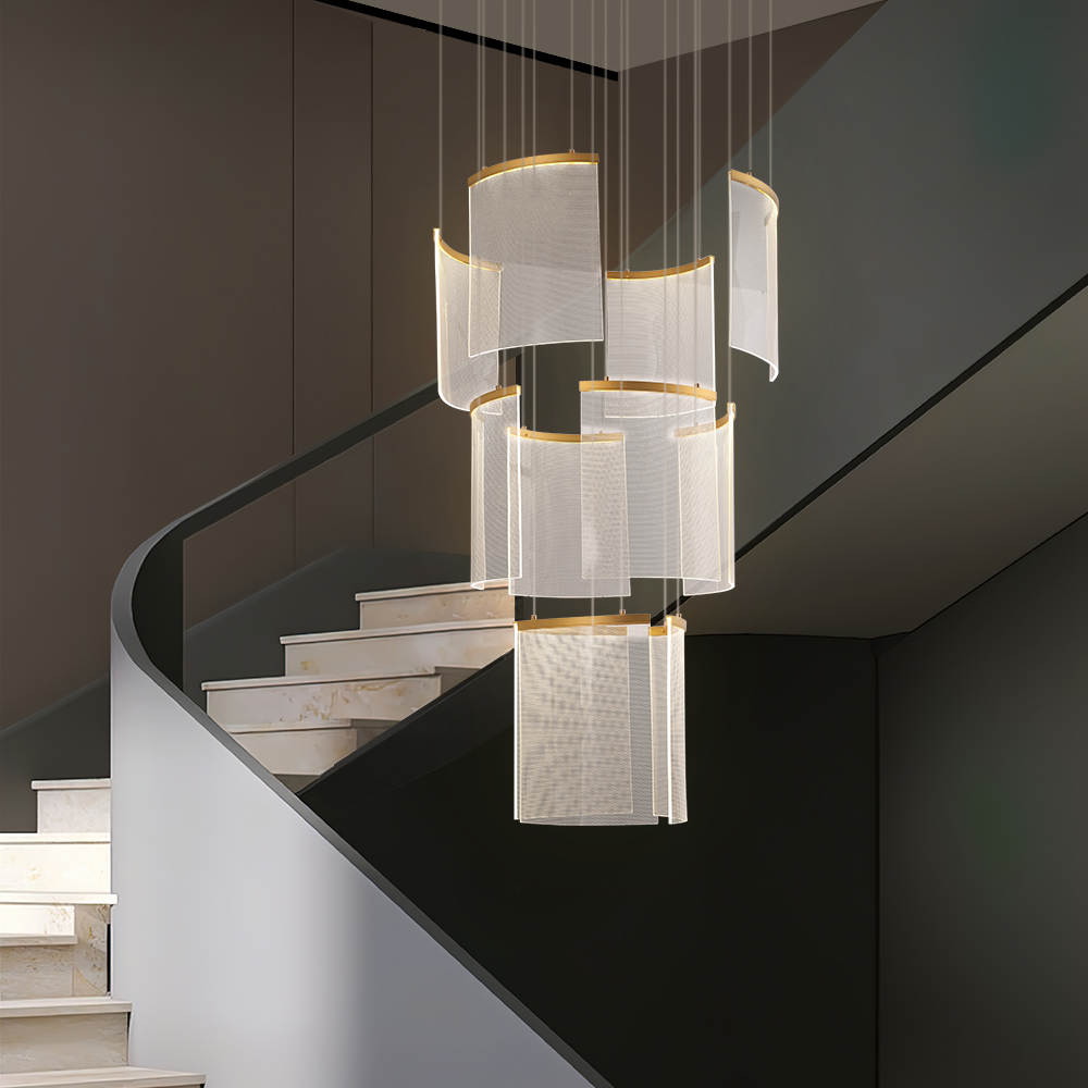 HMR - 11-Light Gold Entryway Foyer 3-Tiered LED Chandelier Modern Hotel Hollow Pendant Light