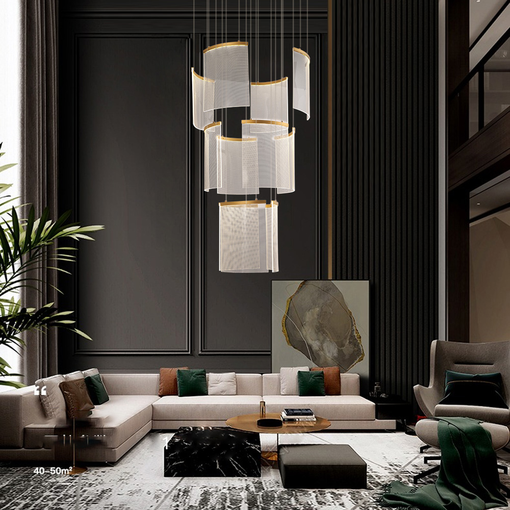 HMR - 11-Light Gold Entryway Foyer 3-Tiered LED Chandelier Modern Hotel Hollow Pendant Light