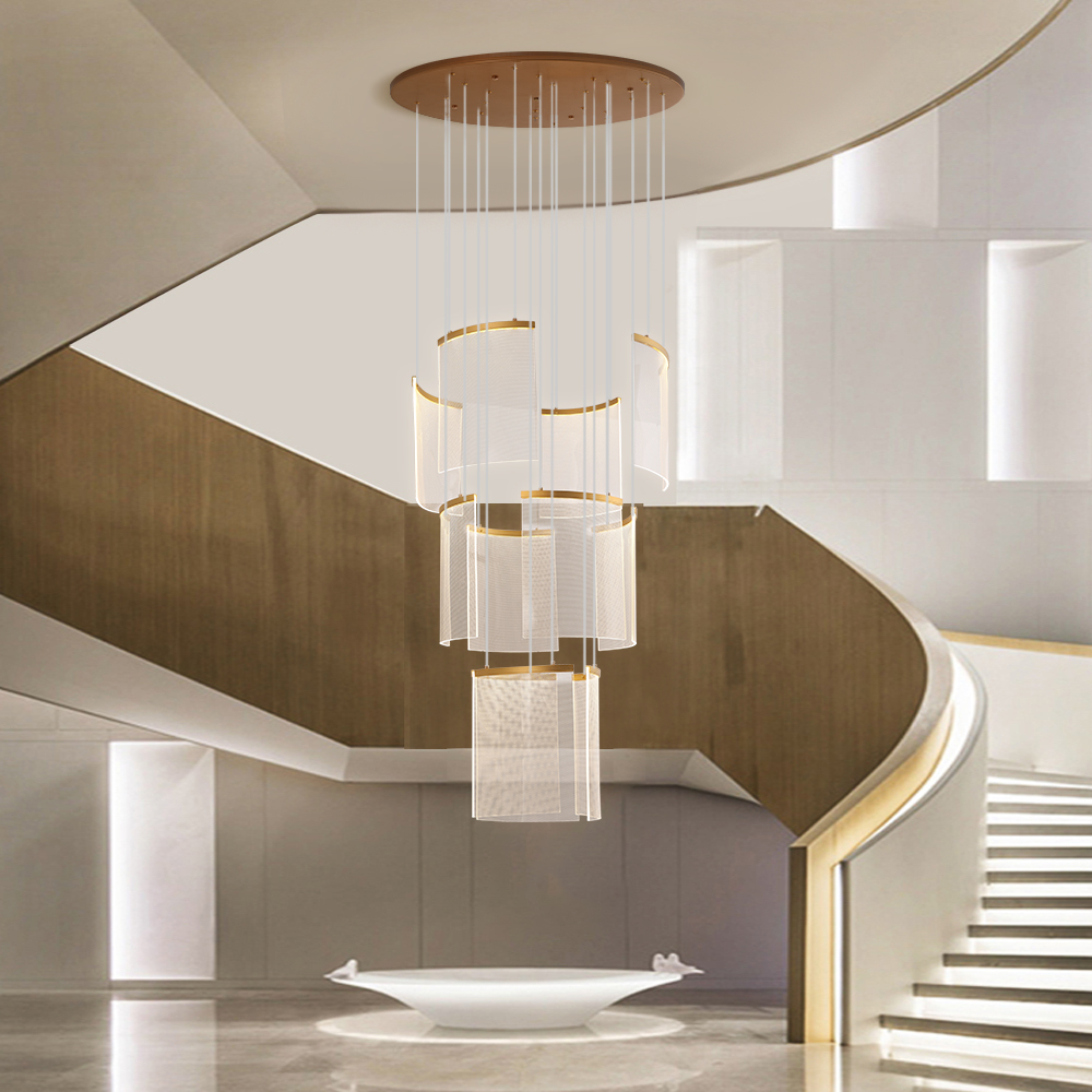 HMR - 11-Light Gold Entryway Foyer 3-Tiered LED Chandelier Modern Hotel Hollow Pendant Light