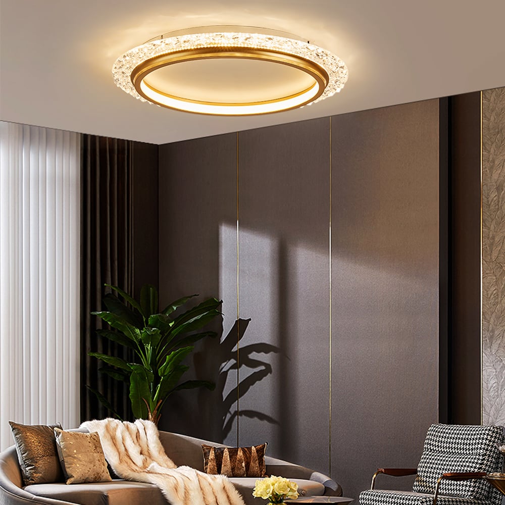 HMR - Glam Crystal Flush Mount LED Round Ceiling Light in Gold for Living Room