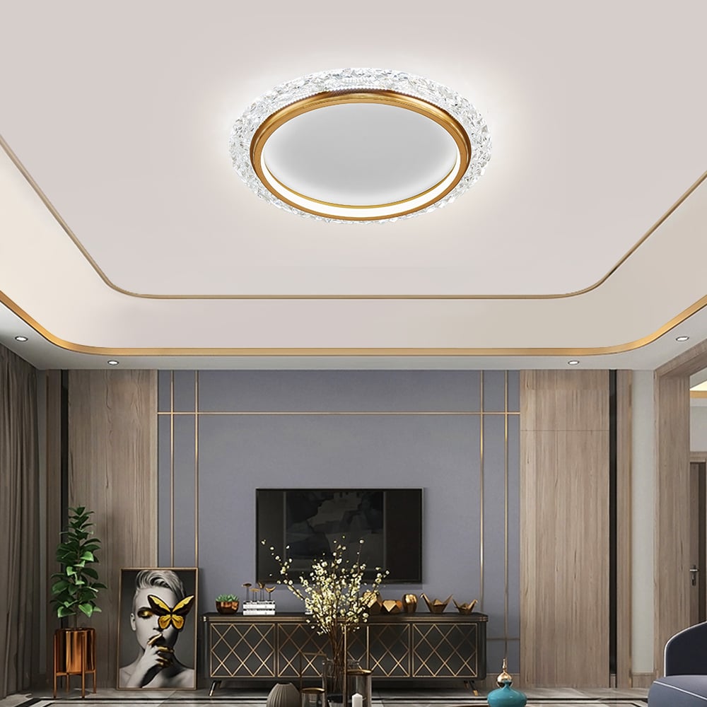 HMR - Glam Crystal Flush Mount LED Round Ceiling Light in Gold for Living Room