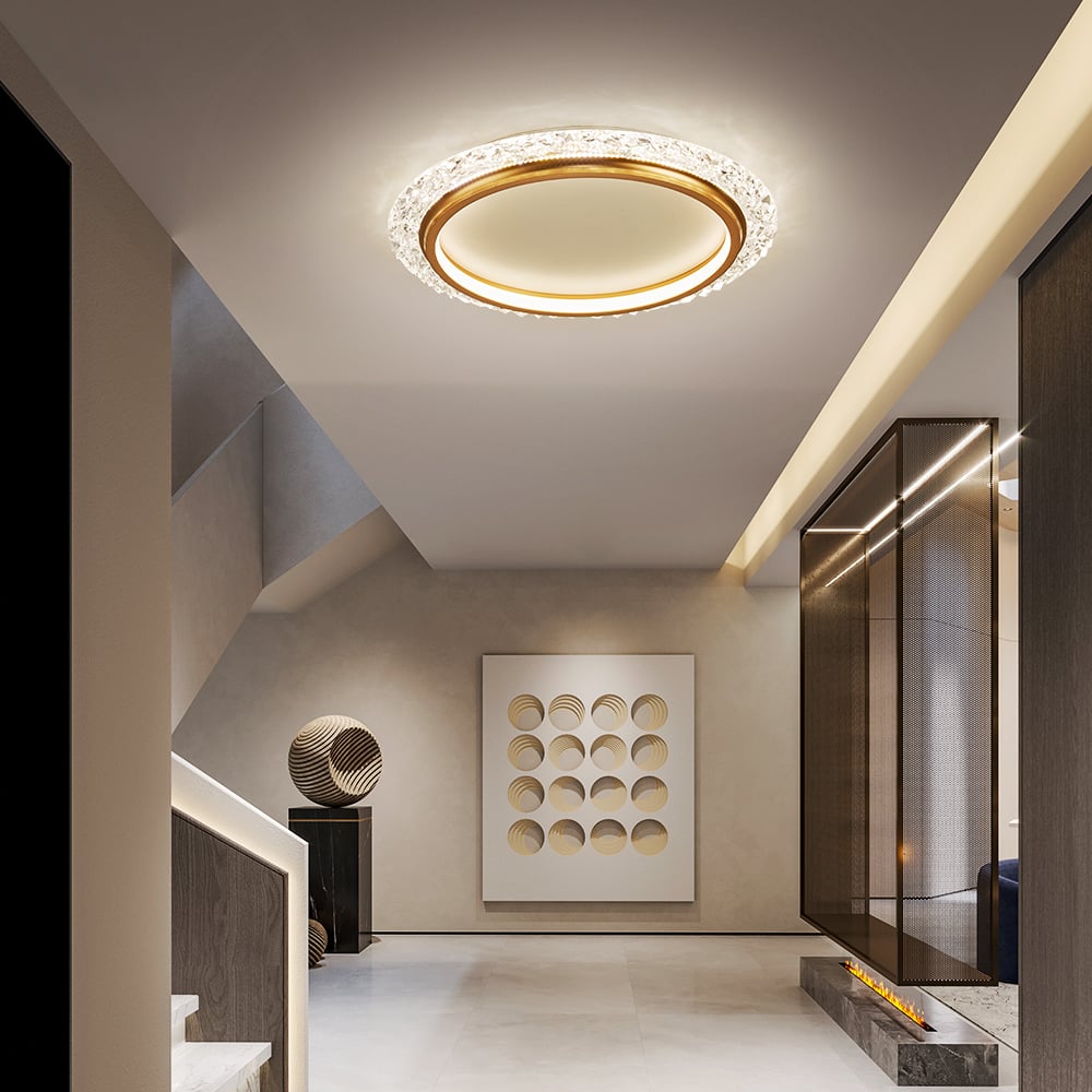 HMR - Glam Crystal Flush Mount LED Round Ceiling Light in Gold for Living Room