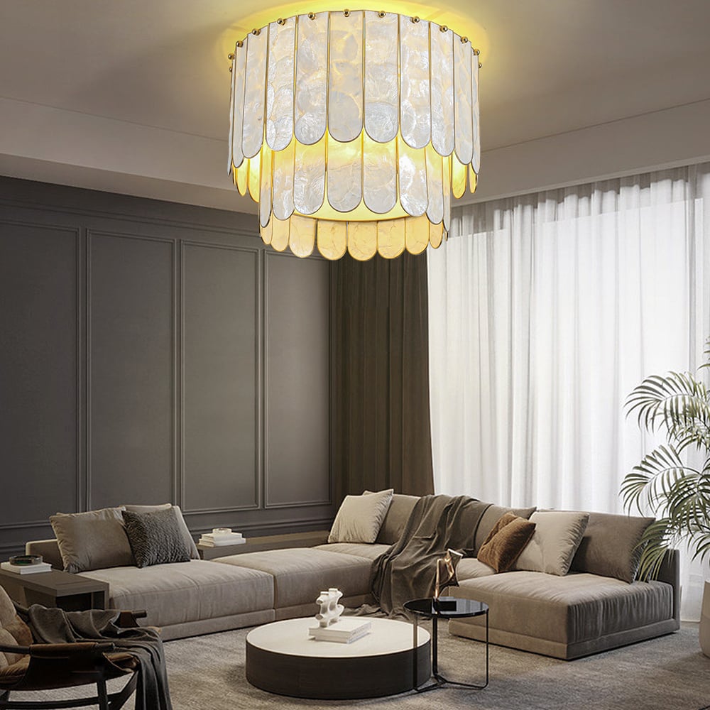 HMR - Enseo Coastal 3-Light Capiz Shell Flush Mount Round Ceiling Light in Gold Living Room