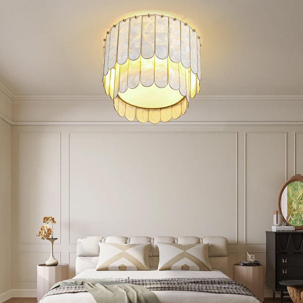 HMR - Enseo Coastal 3-Light Capiz Shell Flush Mount Round Ceiling Light in Gold Living Room