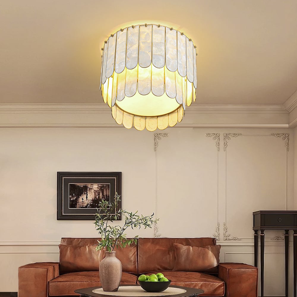 HMR - Enseo Coastal 3-Light Capiz Shell Flush Mount Round Ceiling Light in Gold Living Room