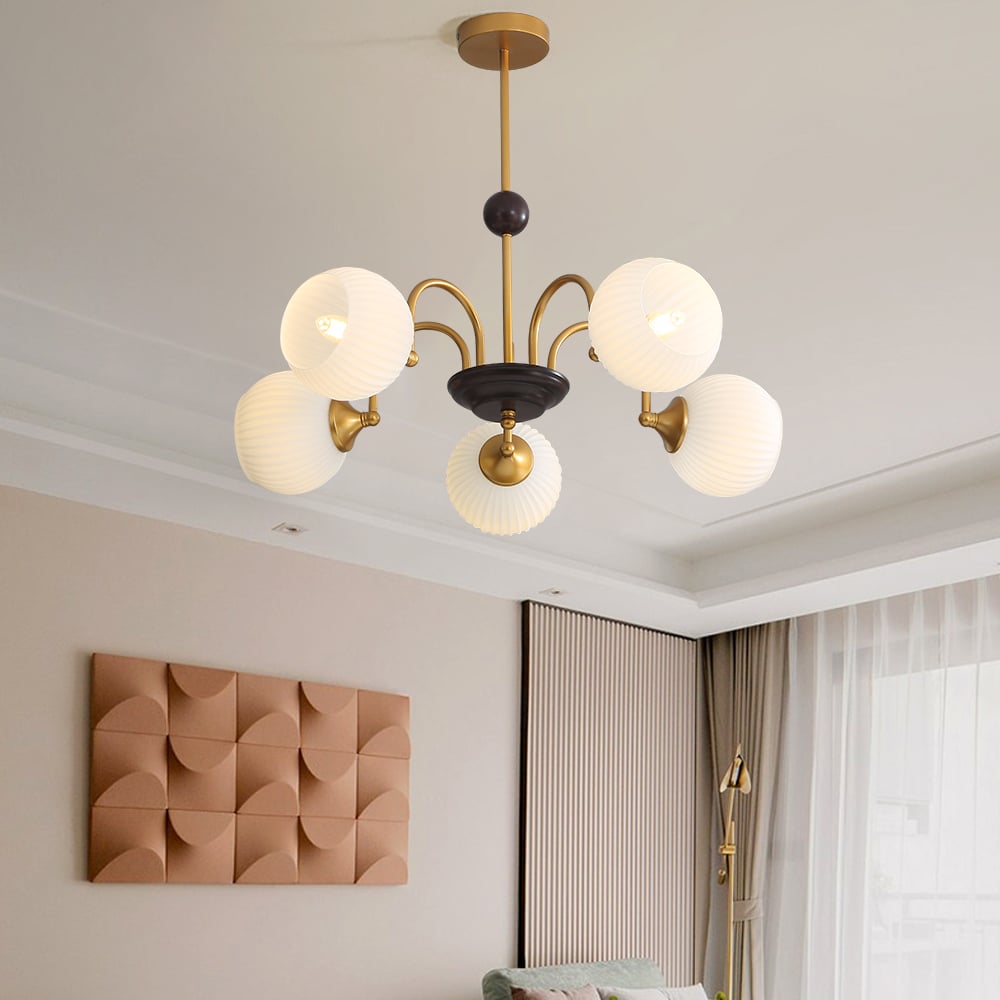 HMR - 5-Light Gold Ceiling Chandelier Light with White Ribbed Glass Shades for Living Room