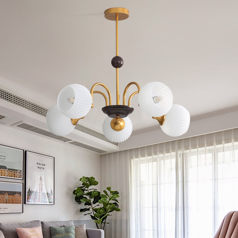 HMR - 5-Light Gold Ceiling Chandelier Light with White Ribbed Glass Shades for Living Room