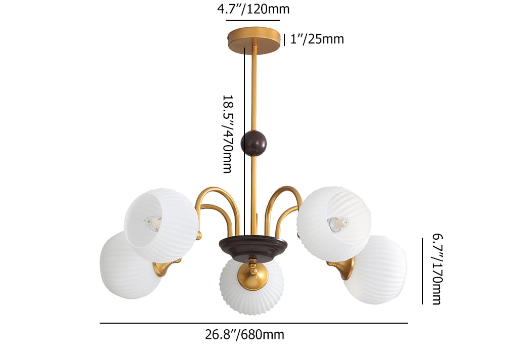 HMR - 5-Light Gold Ceiling Chandelier Light with White Ribbed Glass Shades for Living Room