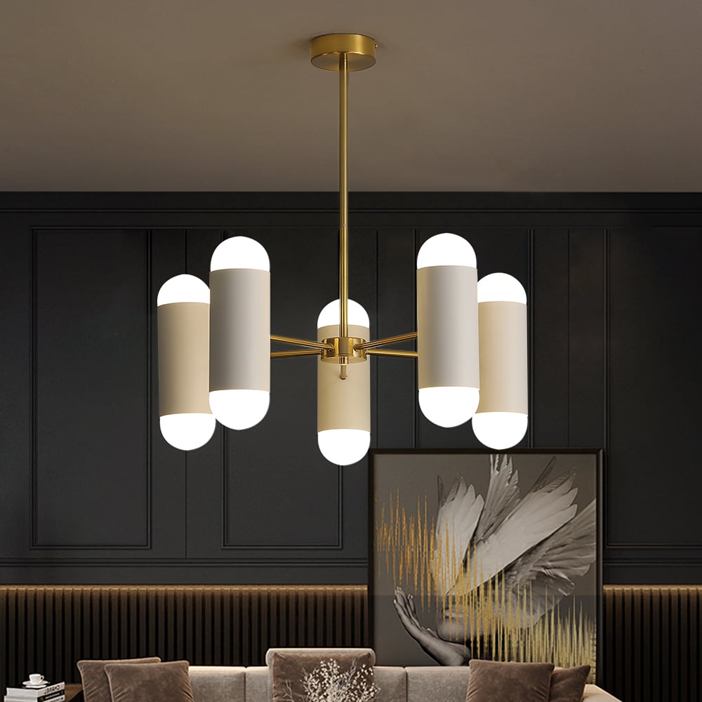 HMR - 10-Light Gold Sputnik Sphere Modern Metal Ceiling Chandelier with White Glass Shades
