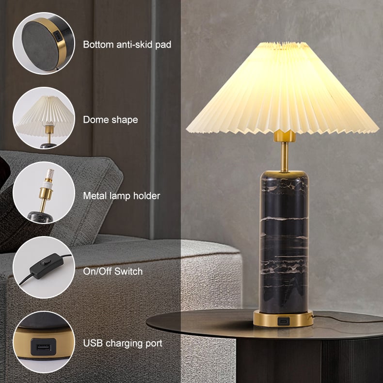 HMR - Modern Black Marble Irregular Pattern Dome Shaped Table Lamp with USB Charging Ports