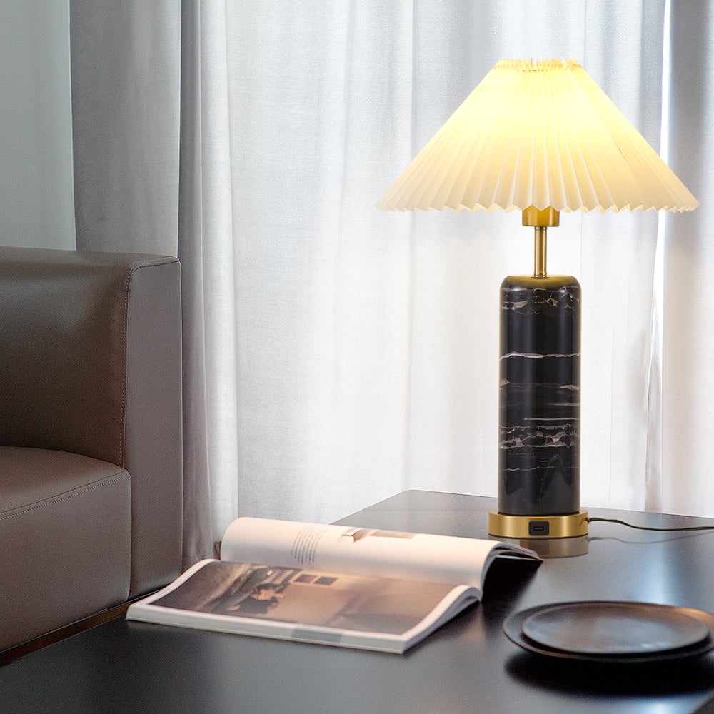 HMR - Modern Black Marble Irregular Pattern Dome Shaped Table Lamp with USB Charging Ports