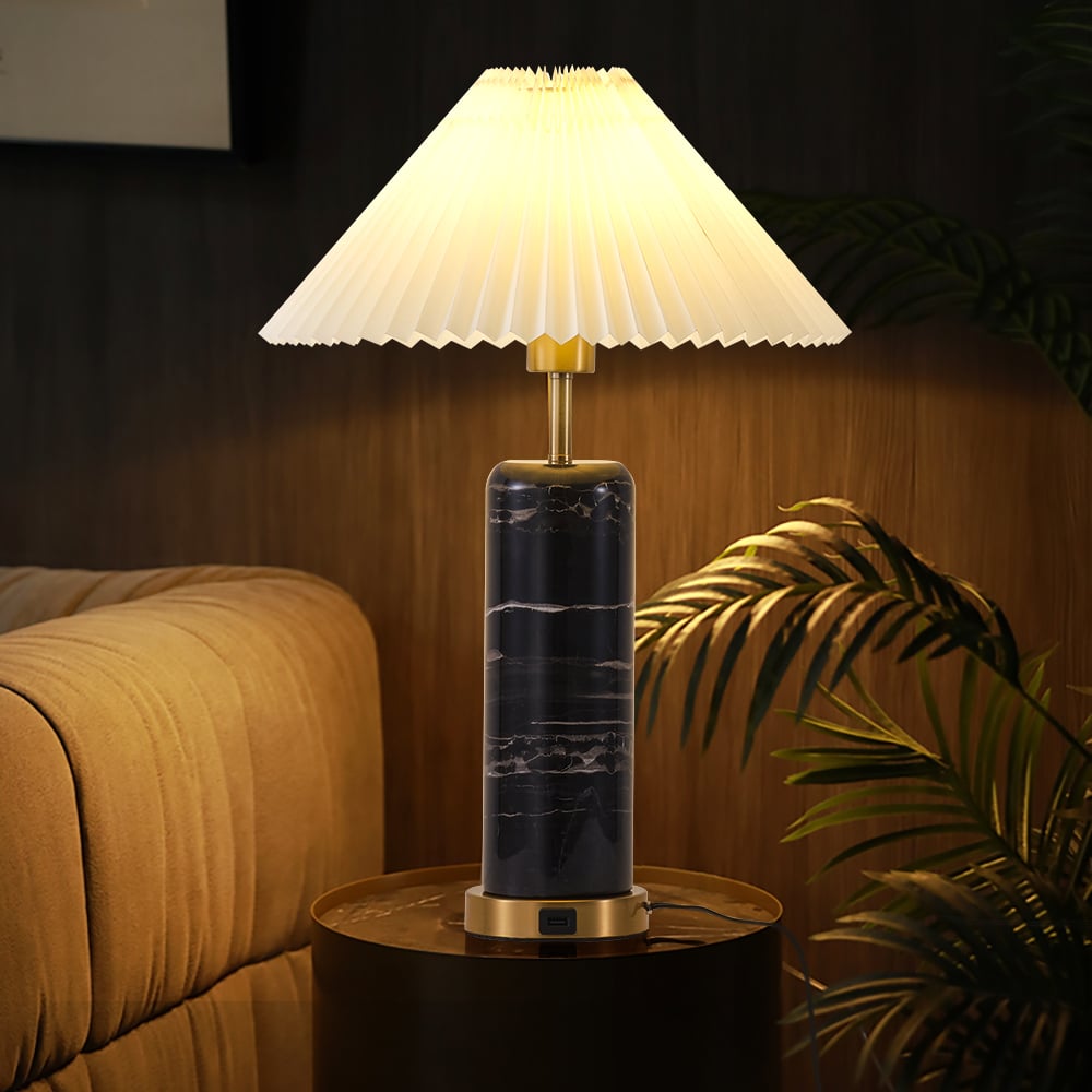HMR - Modern Black Marble Irregular Pattern Dome Shaped Table Lamp with USB Charging Ports