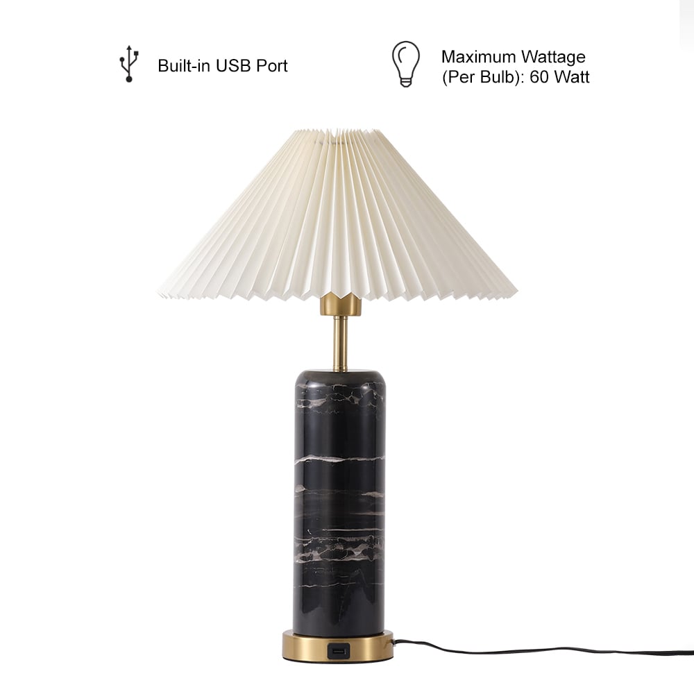 HMR - Modern Black Marble Irregular Pattern Dome Shaped Table Lamp with USB Charging Ports