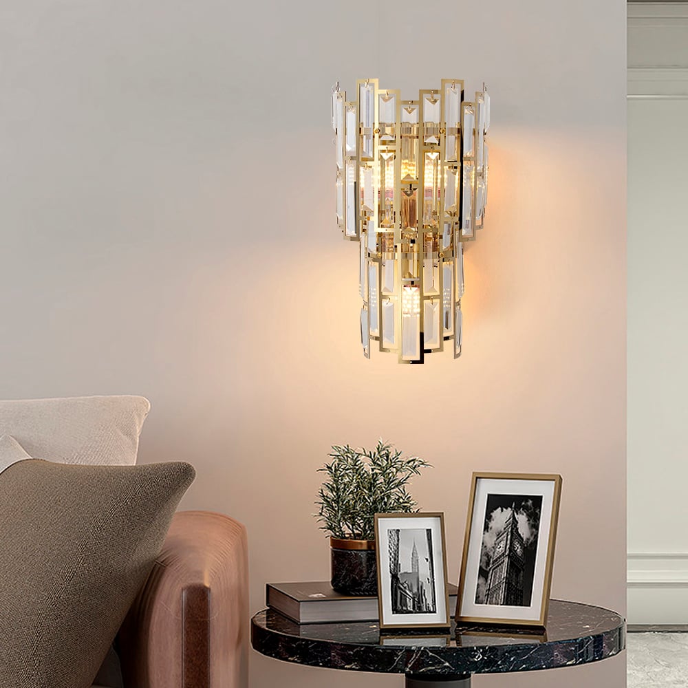 HMR - Glam 3-Light Crystal Wall Sconce Golden LED Wall Light for Bedroom Deco
