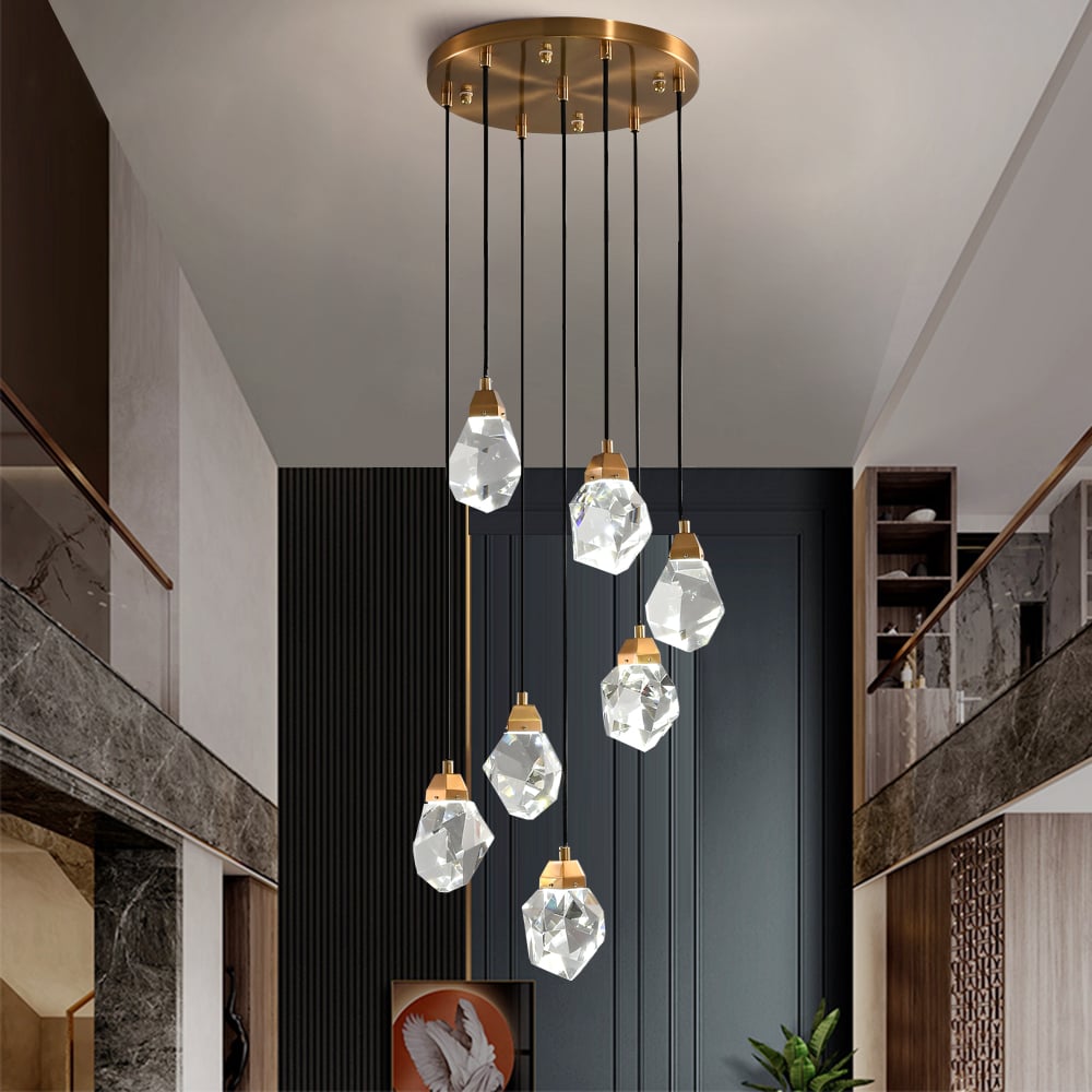 HMR - 7-Light LED Crystal Entryway Foyer Chandelier Tiered Long Pendant Light Home Decor