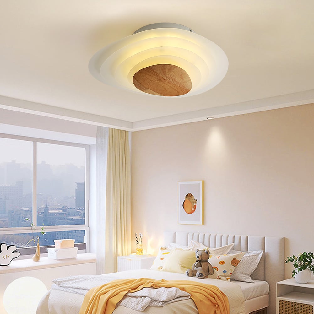HMR - Minimalist LED White Flush Mount Ceiling Light Metal Acrylic and Wood