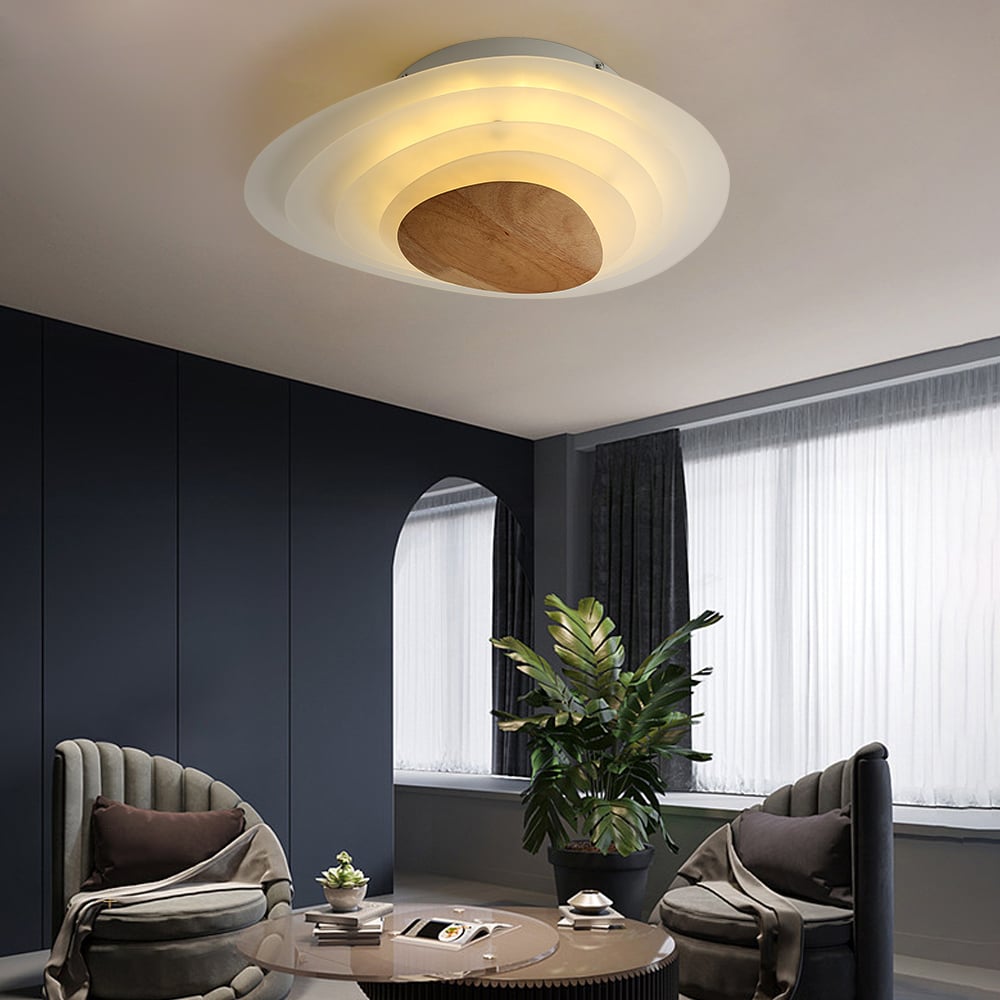 HMR - Minimalist LED White Flush Mount Ceiling Light Metal Acrylic and Wood