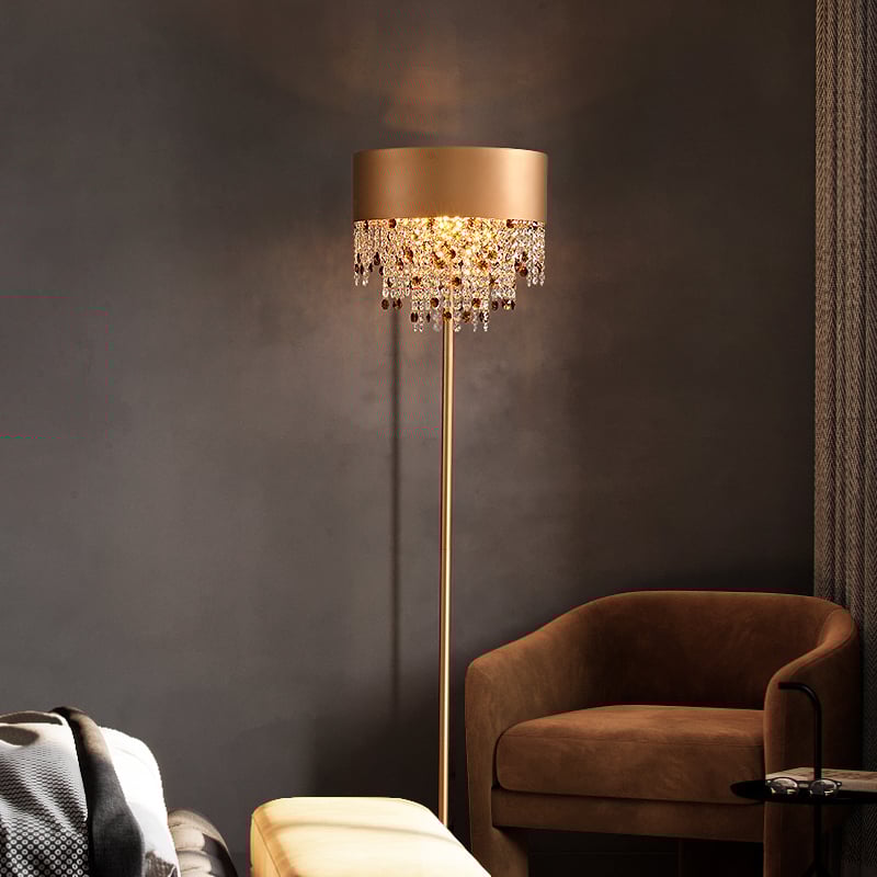 HMR - Glam 2-Light LED Crystal Floor Lamp Plug-in Standing Lamp in Gold for Home Decor