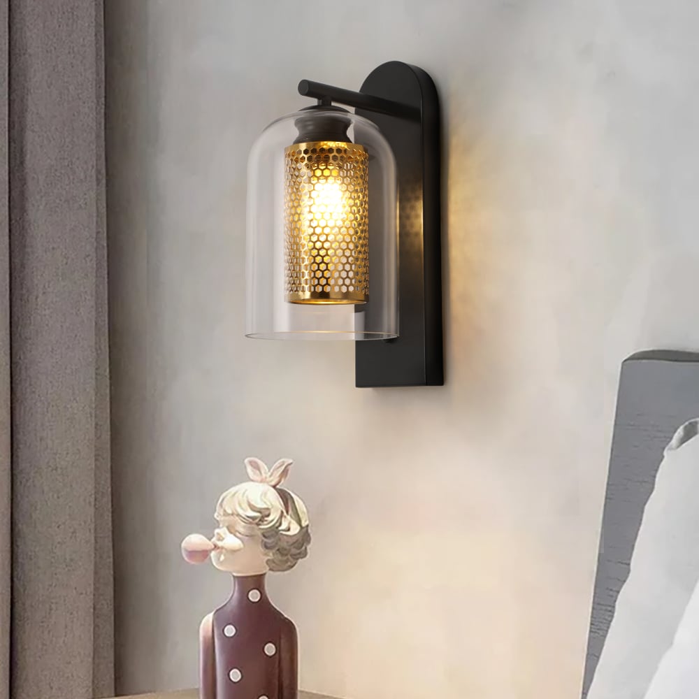 HMR - Modern 1-Light Glass Black & Gold Wall Lighting