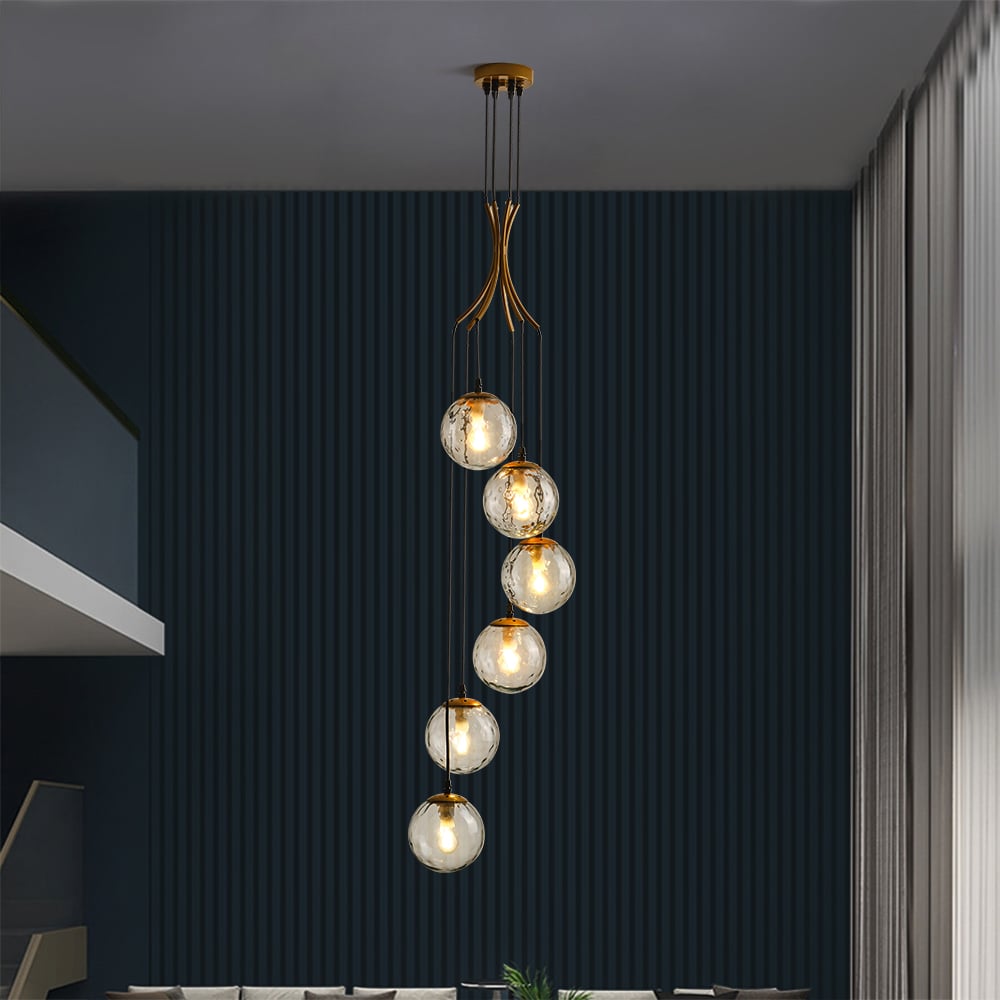 HMR - 6-Light LED Glass Entryway Foyer Bubble Chandelier Tiered Long Pendant Light in Gold