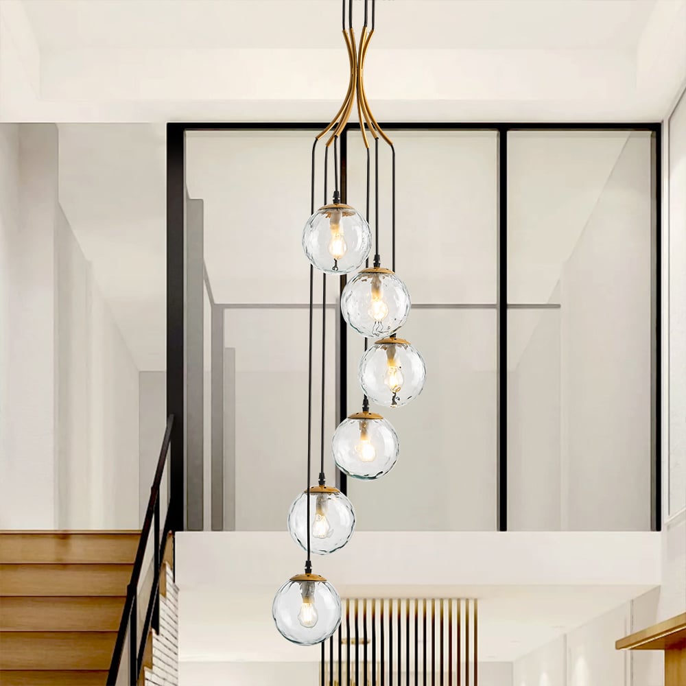 HMR - 6-Light LED Glass Entryway Foyer Bubble Chandelier Tiered Long Pendant Light in Gold