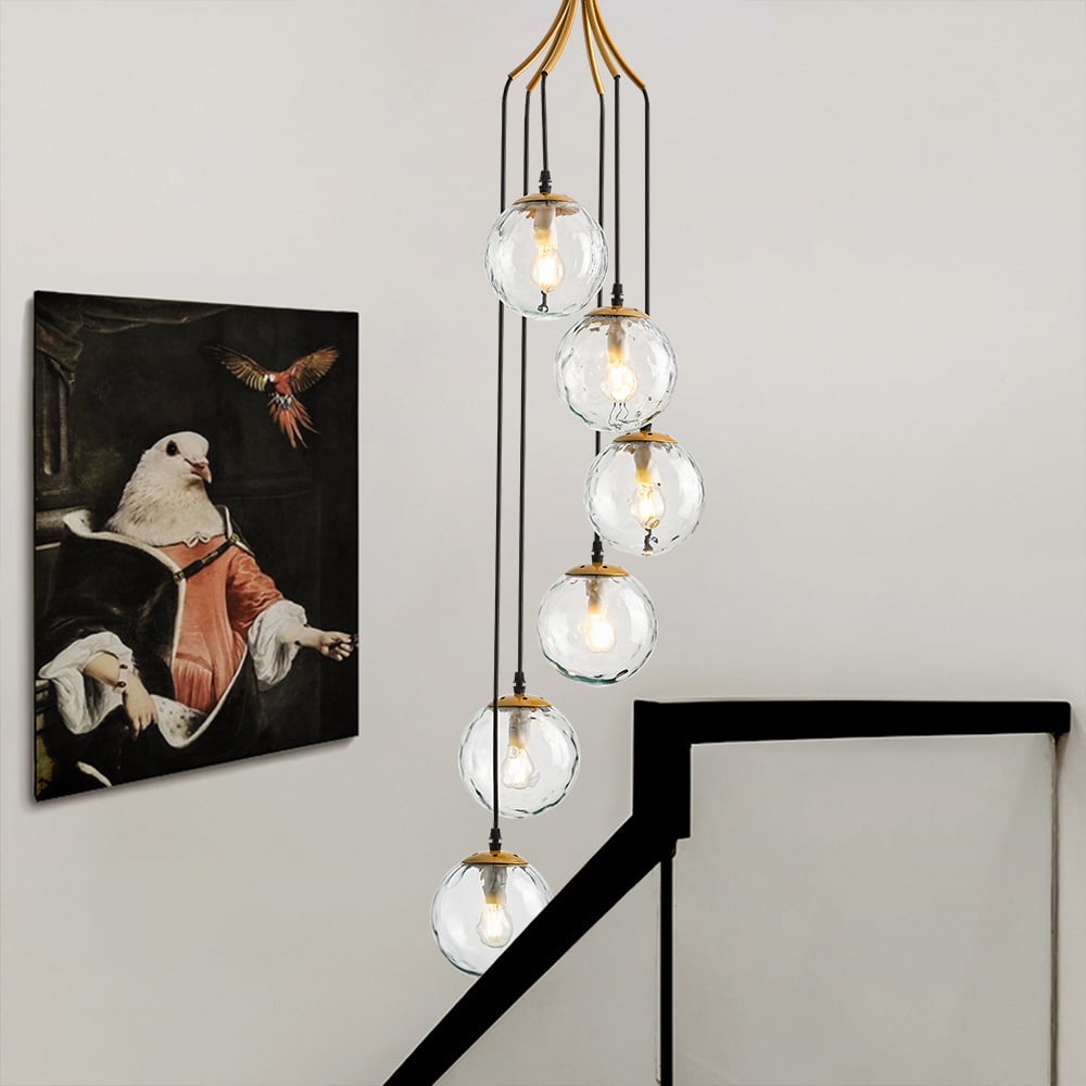 HMR - 6-Light LED Glass Entryway Foyer Bubble Chandelier Tiered Long Pendant Light in Gold