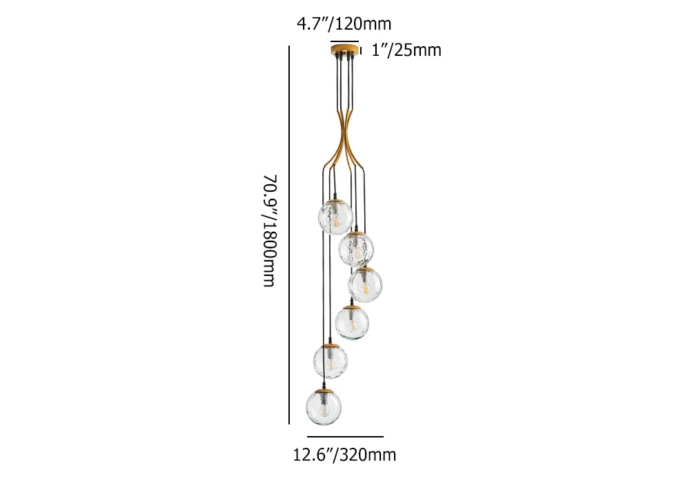 HMR - 6-Light LED Glass Entryway Foyer Bubble Chandelier Tiered Long Pendant Light in Gold