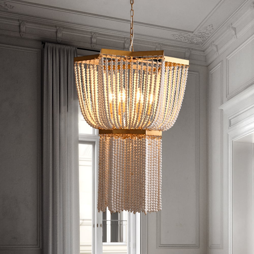 HMR - 6-Light Wooden Beaded Tassel Chandelier with Star Shaped in Gold for Living Room