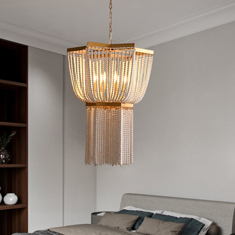 HMR - 6-Light Wooden Beaded Tassel Chandelier with Star Shaped in Gold for Living Room