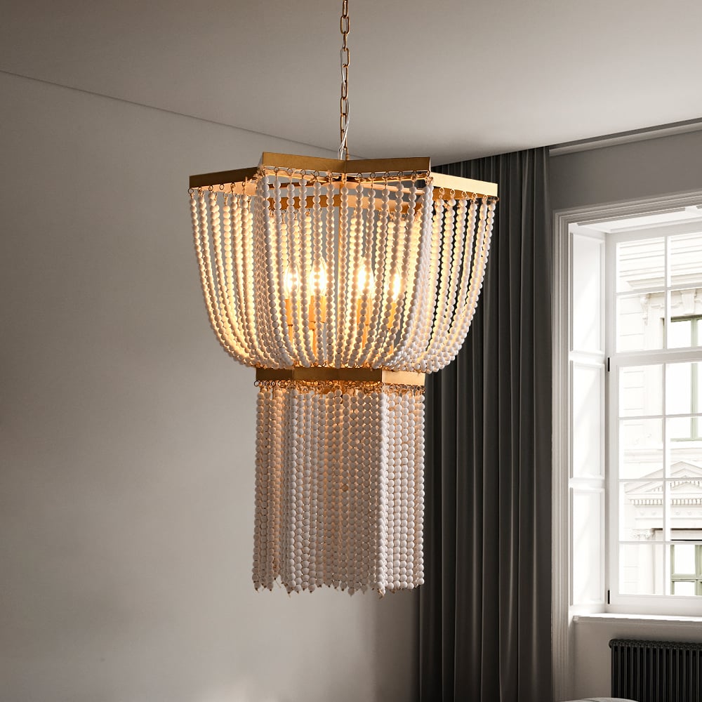 HMR - 6-Light Wooden Beaded Tassel Chandelier with Star Shaped in Gold for Living Room