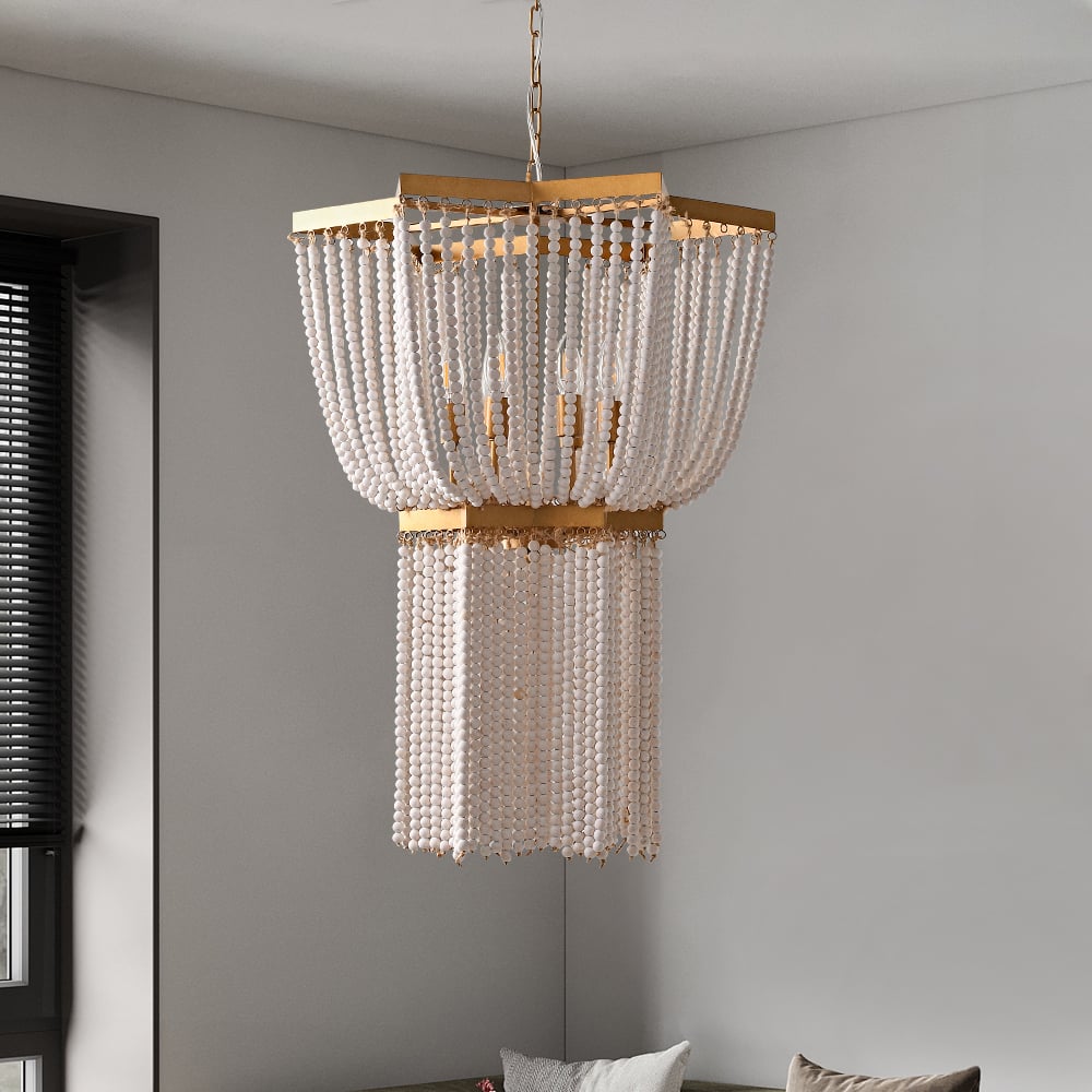 HMR - 6-Light Wooden Beaded Tassel Chandelier with Star Shaped in Gold for Living Room