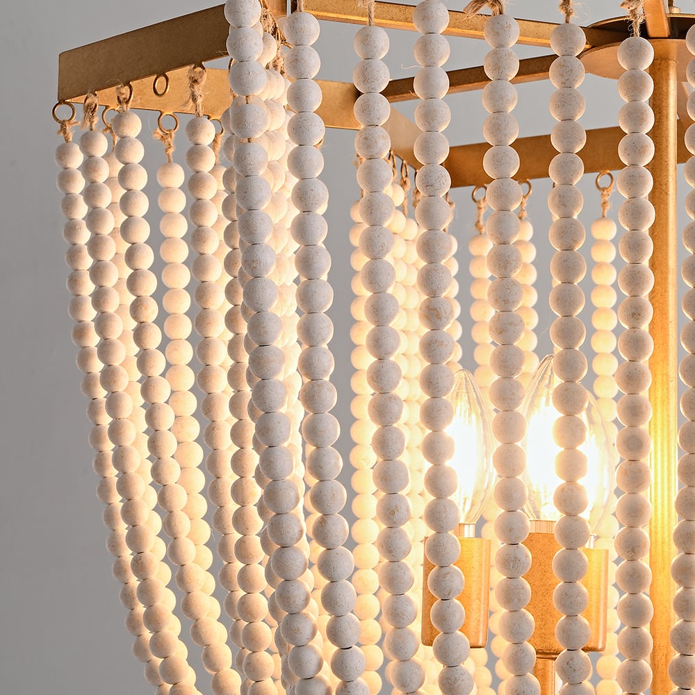HMR - 6-Light Wooden Beaded Tassel Chandelier with Star Shaped in Gold for Living Room