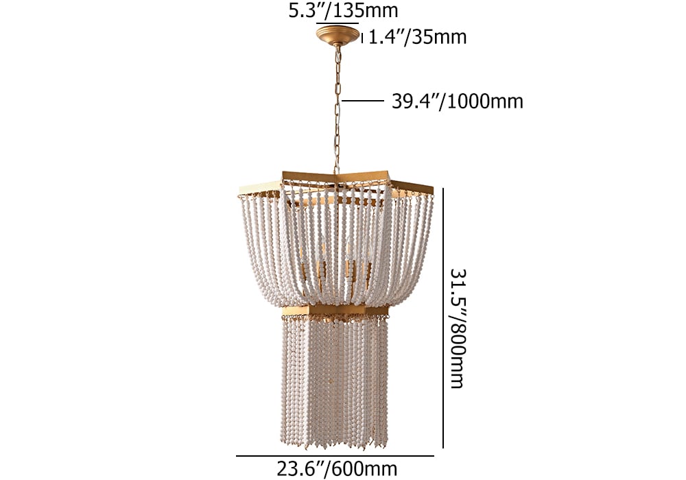 HMR - 6-Light Wooden Beaded Tassel Chandelier with Star Shaped in Gold for Living Room