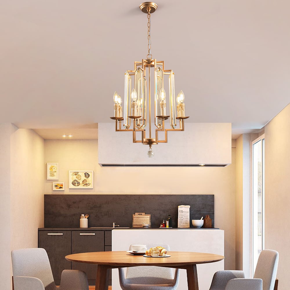 HMR - 8-Light French Country Candle-Style Crystal Pendant Chandelier Light in Gold