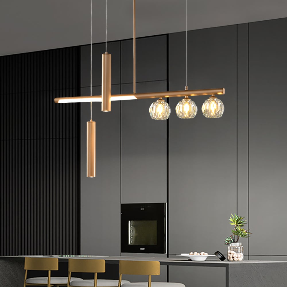 HMR - Minimalist 6-Light Gold Crystal Shade LED Glass Linear Kitchen Island Chandelier Light