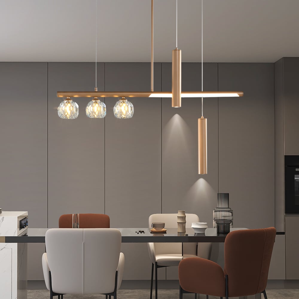 HMR - Minimalist 6-Light Gold Crystal Shade LED Glass Linear Kitchen Island Chandelier Light