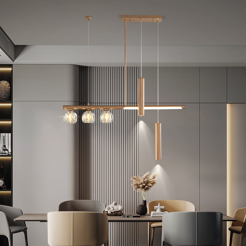 HMR - Minimalist 6-Light Gold Crystal Shade LED Glass Linear Kitchen Island Chandelier Light