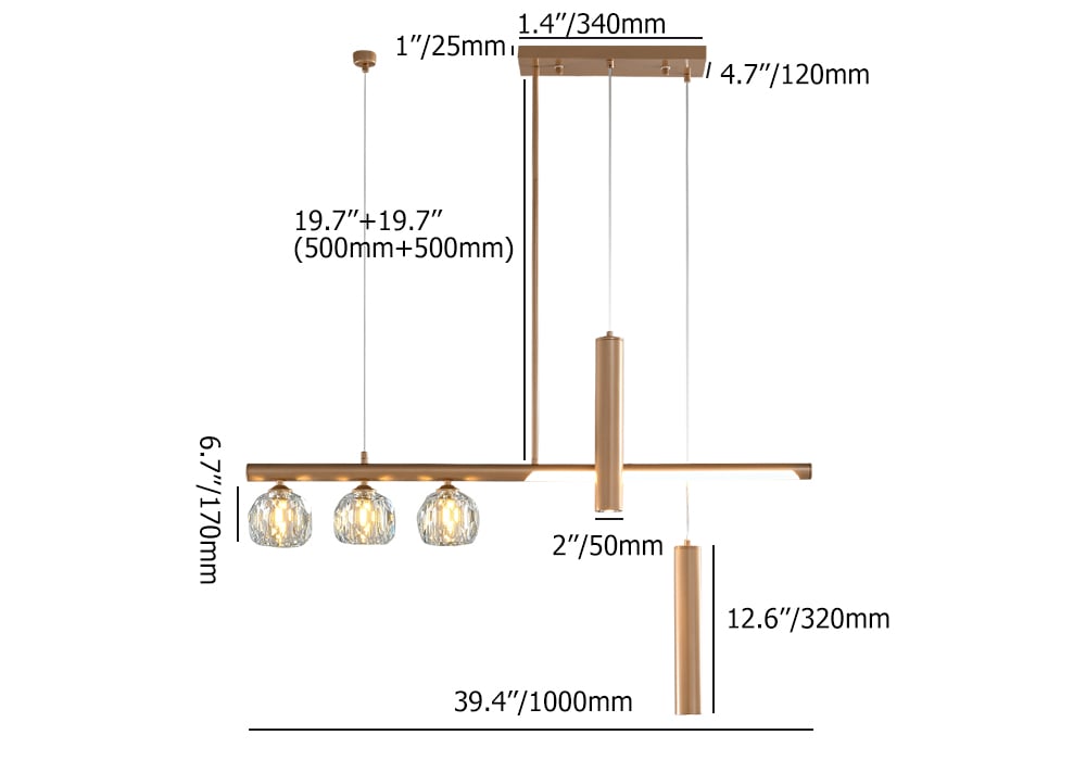 HMR - Minimalist 6-Light Gold Crystal Shade LED Glass Linear Kitchen Island Chandelier Light