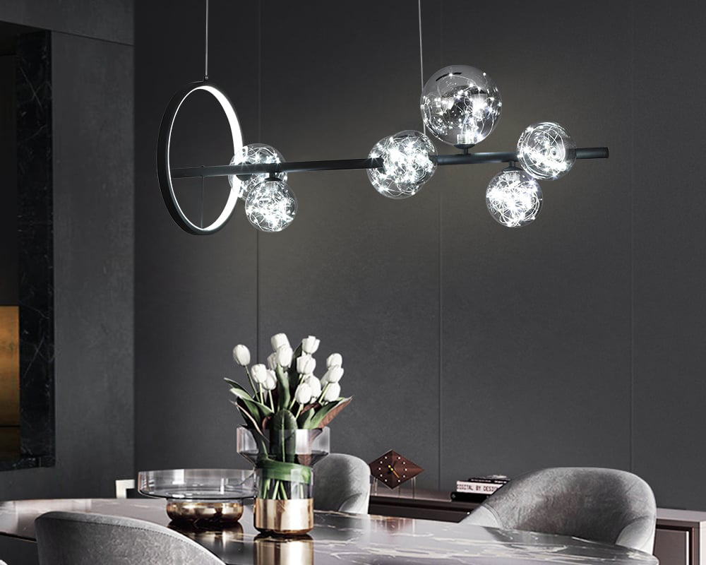 HMR Modern Kitchen Island Light with Glass Globe Shade Ceiling Pendant Lights - Black, 7-Light
