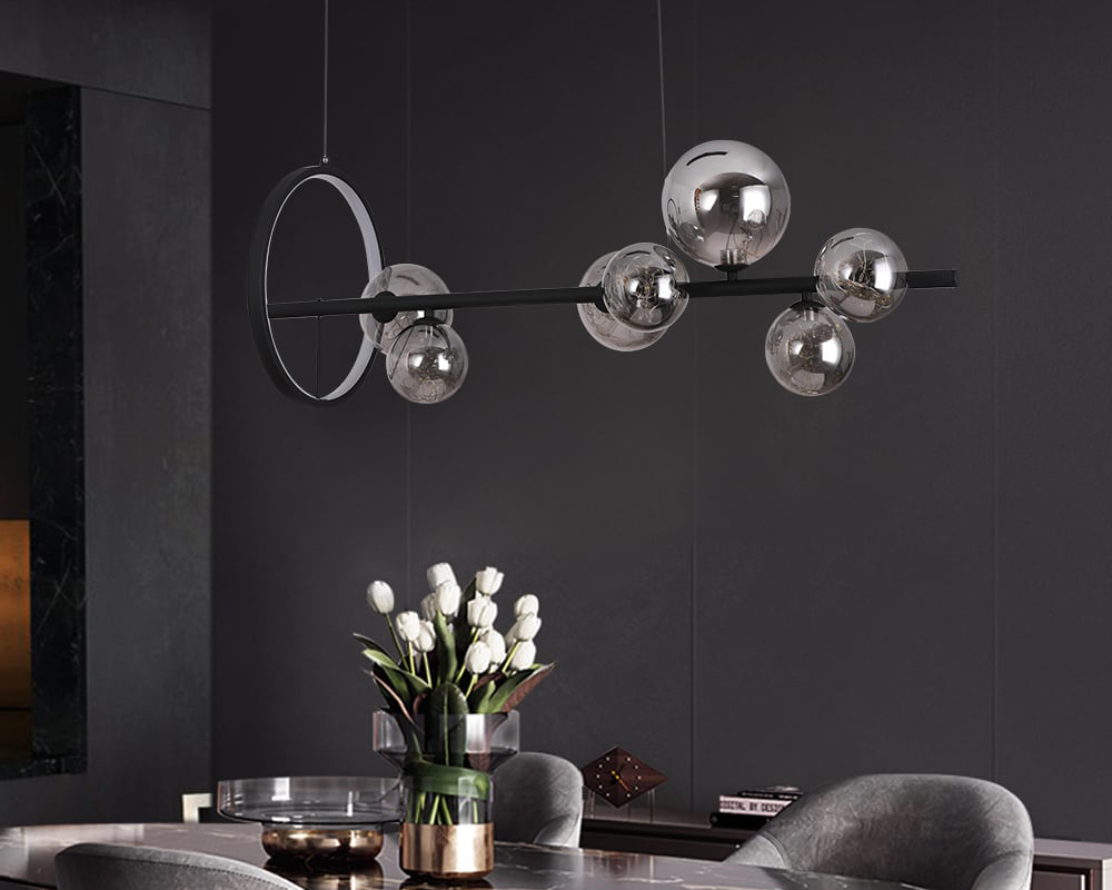 HMR Modern Kitchen Island Light with Glass Globe Shade Ceiling Pendant Lights - Black, 7-Light