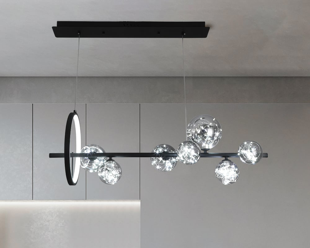 HMR Modern Kitchen Island Light with Glass Globe Shade Ceiling Pendant Lights - Black, 7-Light