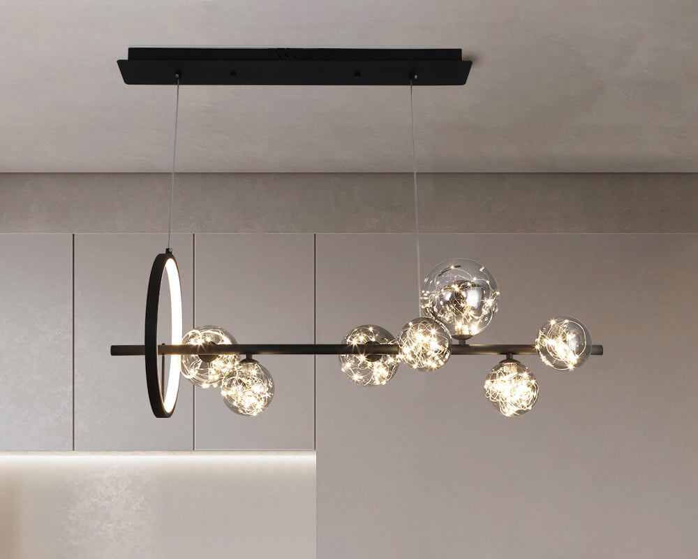 HMR Modern Kitchen Island Light with Glass Globe Shade Ceiling Pendant Lights - Black, 7-Light